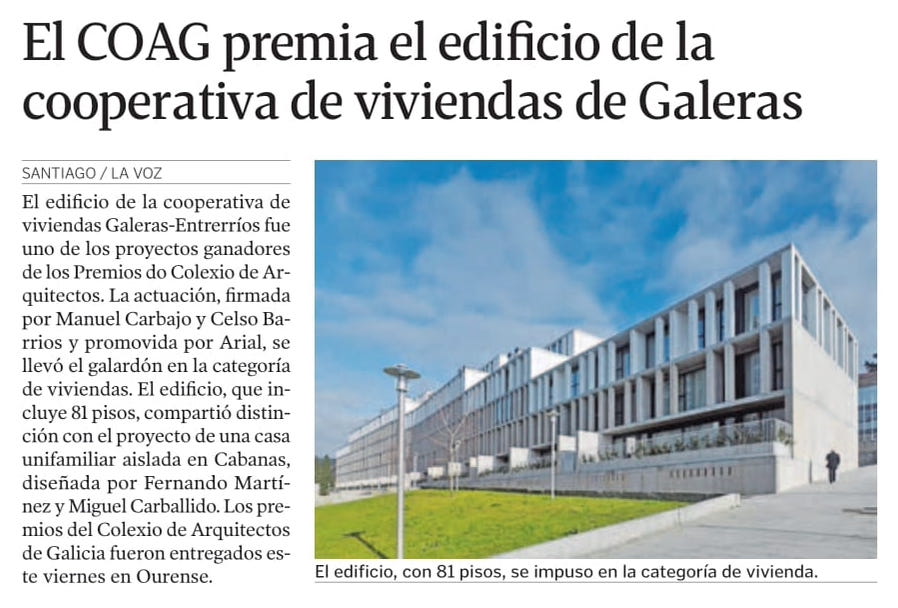 El COAG premia el edificio de la cooperativa de viviendas de Galeras